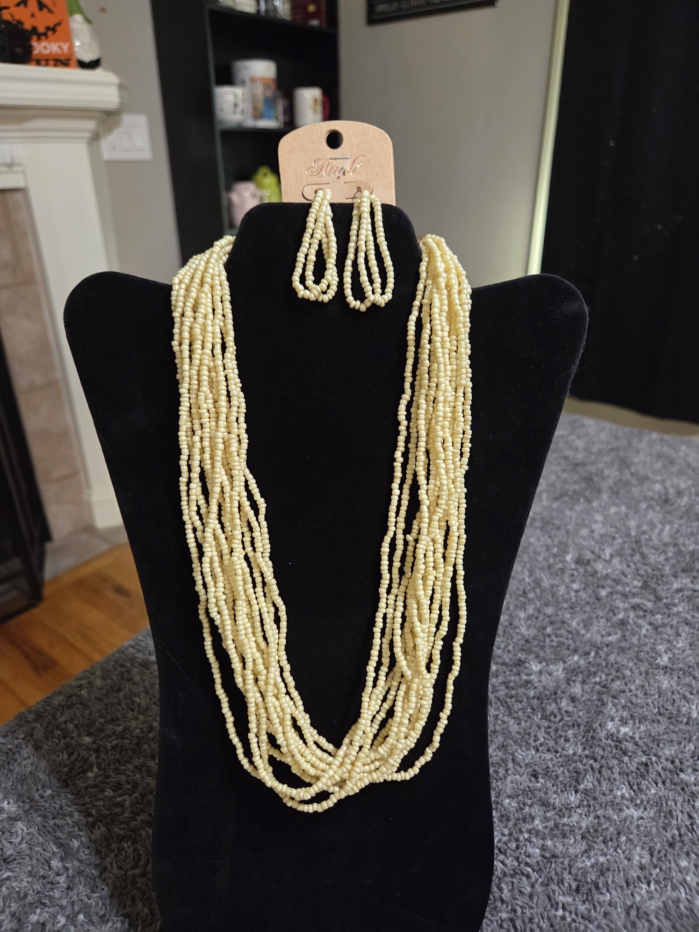 Beaded Multi-Strand Cream Necklace with Matching Earrings
